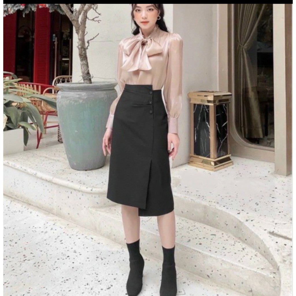 Chân váy công sở, Chân váy bút chì dáng dài -bọc cúc-qua gối- 2 màu đen,nâu | BigBuy360 - bigbuy360.vn