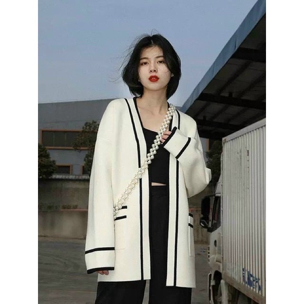 Áo Cardigan Len Nữ Dày Sọc Đen Trắng Có Túi, Cadigan Kẻ Kim Cương Ulzzang Hàn Quốc S130