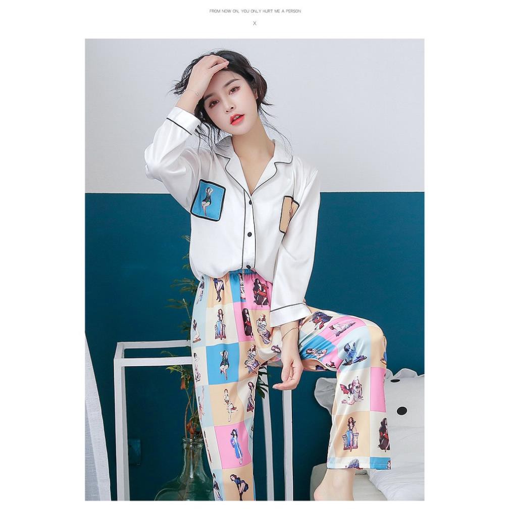 Bộ ngủ lụa Pijama dài tay hoạ tiết cô gái hàng cao cấp