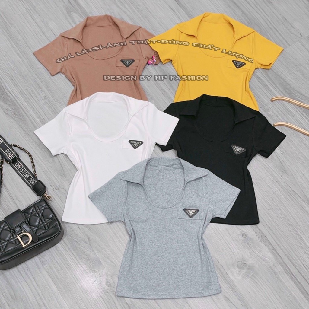 Áo thun nữ ôm body cổ bẻ polo form dài tay ngắn logo kiểu hàn quốc cực dễ thương mẫu mới thời trang 2021