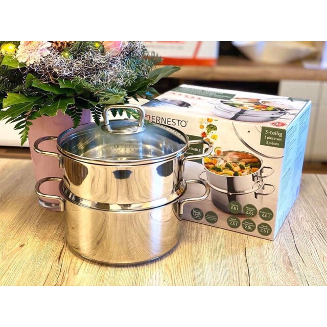 Bộ nồi xửng hấp Ernesto 20cm dùng đồ xôi, hấp tôm, cua, ghẹ, cá, gà [Hàng Đức chính hãng]