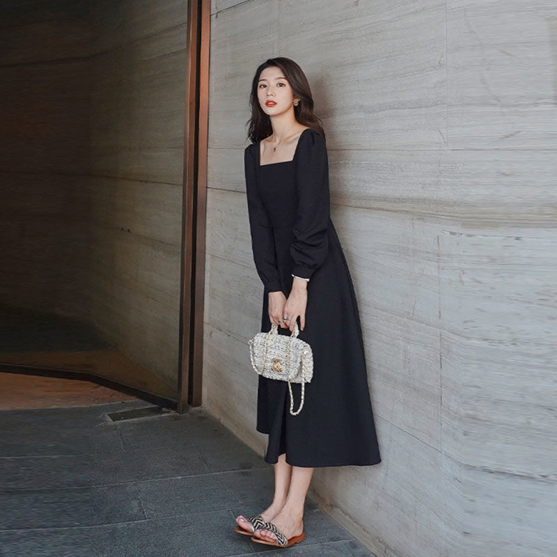 Black dress women's long sleeve new ins skirt temperament square collar knee length Hepburn style small black skirt