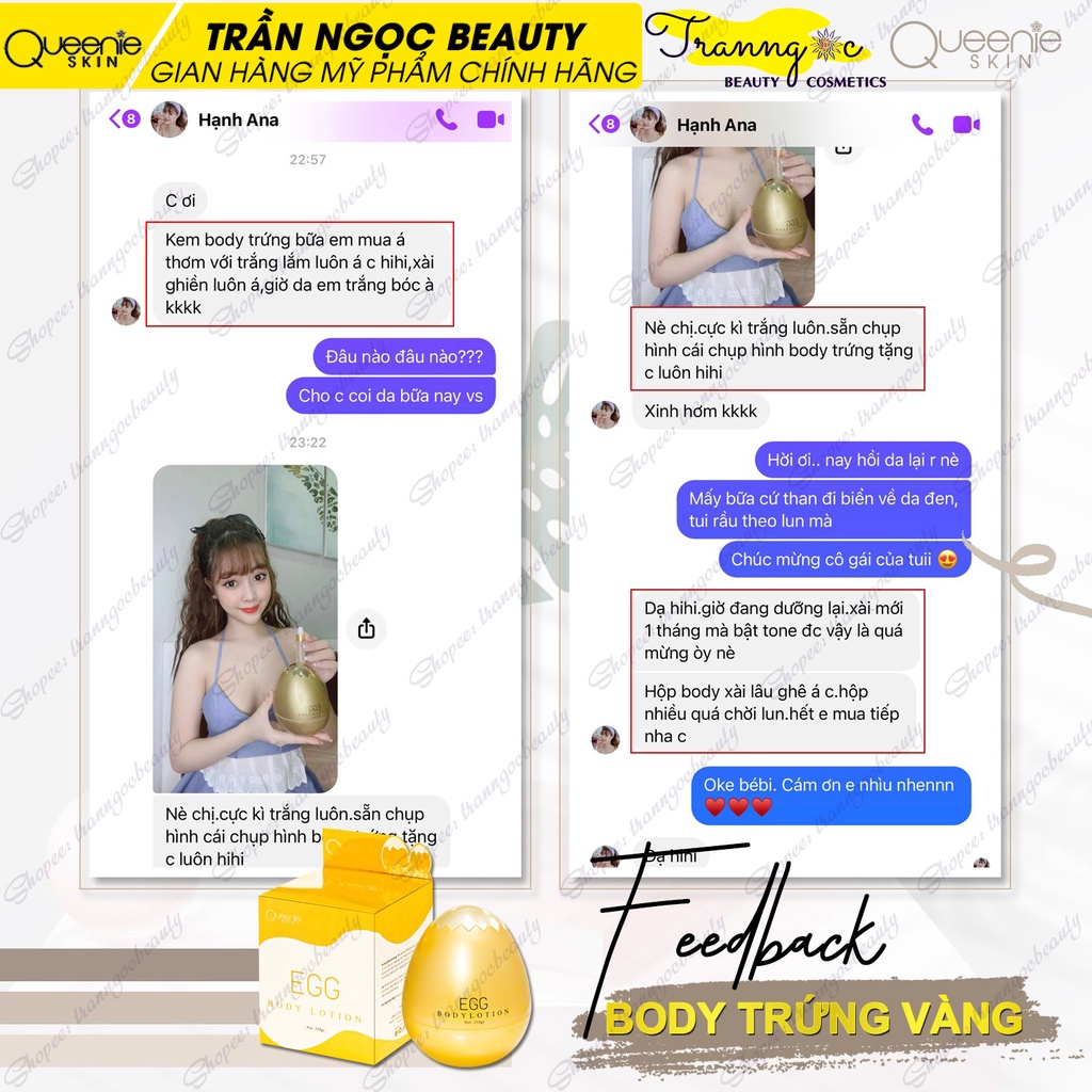 Kem Body Trứng Vàng Queenie Skin 250gr chính hãng, trắng bật tone sau 7 ngày, bảo hành 72h - tranngocbeauty