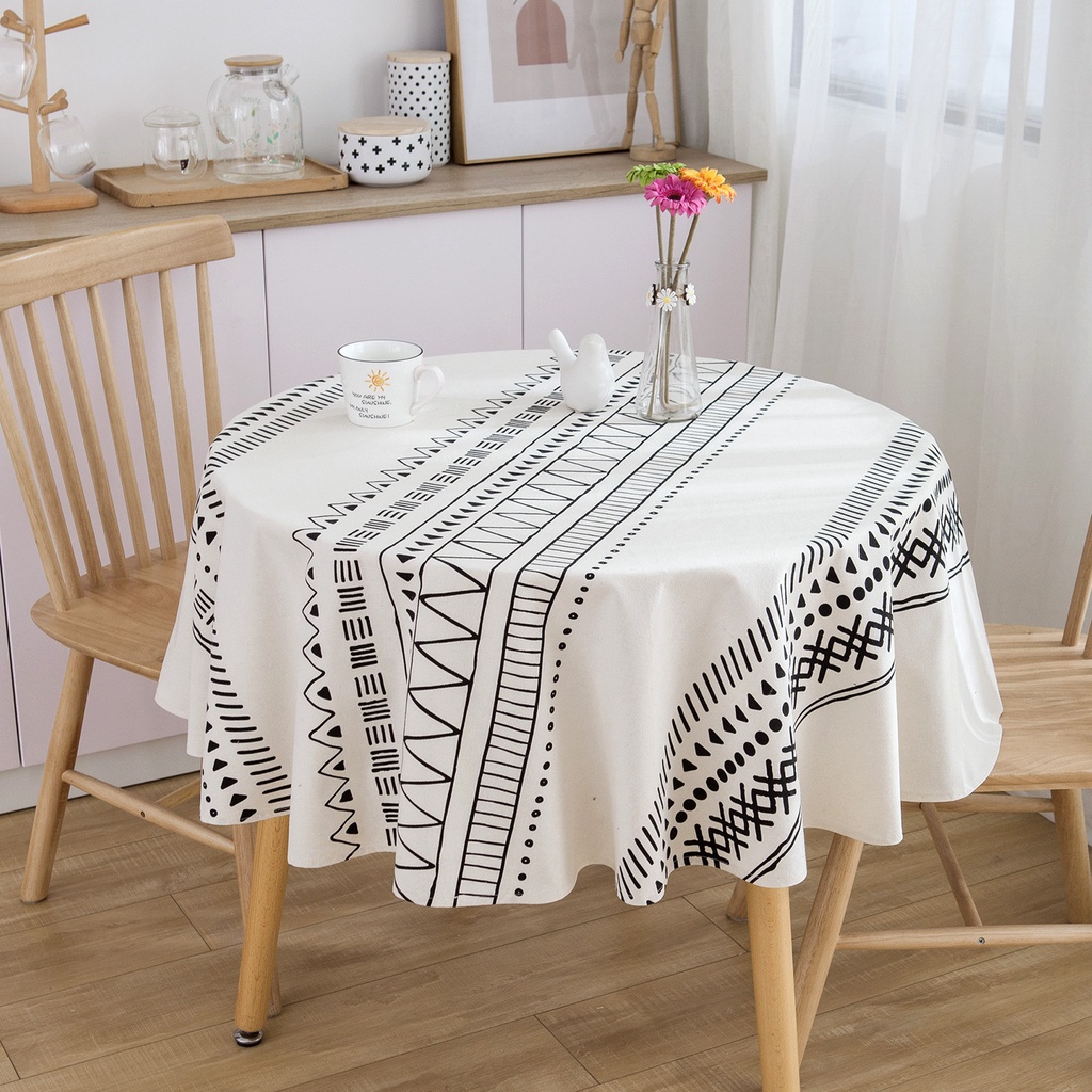 Khăn Trải Bàn Hình Tròn Màu Trắng Đen Phong Cách Bohemian 150cm
