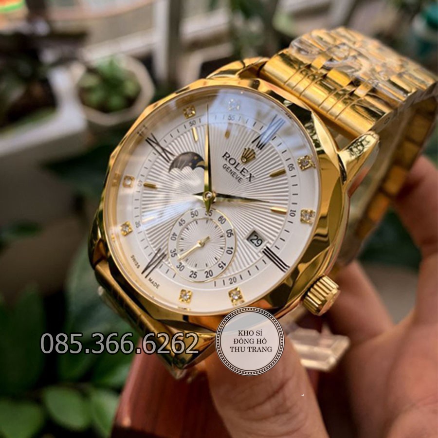 Đồng hồ nam Rolex cơ Automatic máy Nhật mẫu 3 kim trắng viền vàng cắt vát kim cương size 40-41mm