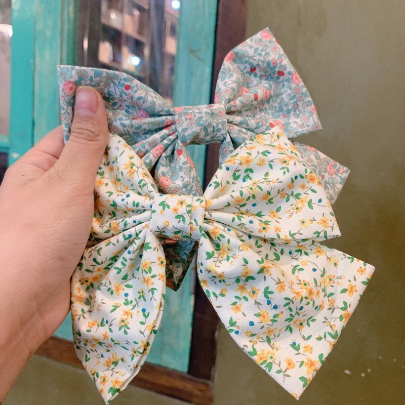 Kẹp tóc bản to nơ lớn hoạ tiết hoa nhí vintage N13