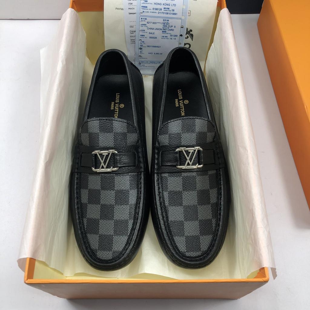 (Mua kèm Deal 1k) Giày Lười Nam LV Da Bò Đen Sần Mặt Caro Full Box Oh.fleurs