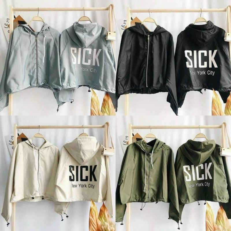 Áo khoác dù croptop1 lớp form lững chữ Sick có nón