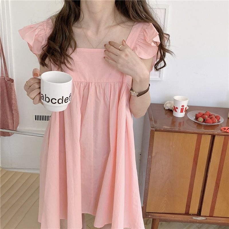 Đầm Ngủ Hai Dây Dáng Rộng Cổ Vuông Tay Lá Sen Màu Hồng Mềm Mại Phong Cách Nhật Bản Ngọt Ngào Mùa Hè Dành Cho Bạn Nữ