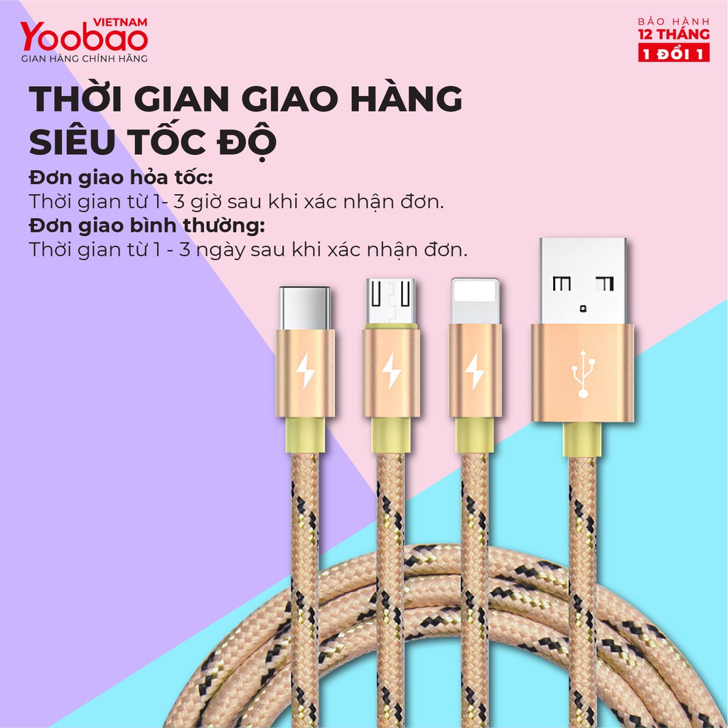 Dây cáp sạc 3 trong 1 (Micro USB/Lingtning/Type C) Yoobao YB-453 vỏ bện nylon Dài 1.2m - Hàng chính hãng - Bảo hành 12 t