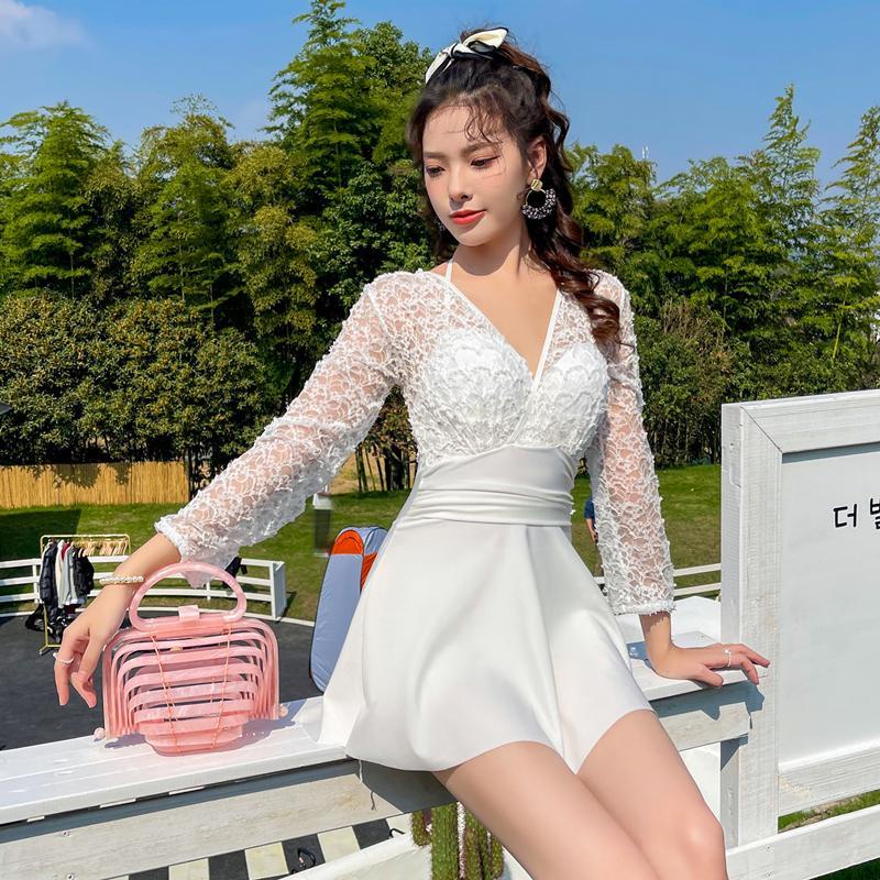 Bikini đi biển kín đáo 1 mảnh liền váy - Đồ bơi nữ tay dài liền thân có quần