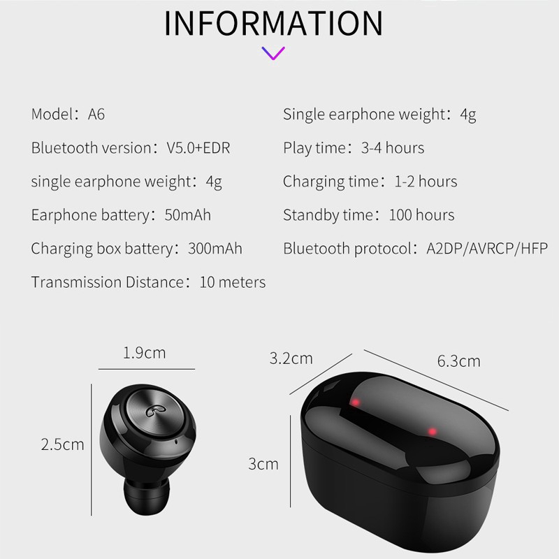 Tai nghe TWS A6 Bluetooth 5.0 âm thanh HiFi cao cấp