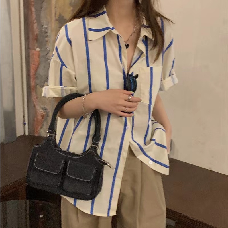 Áo sơ mi SUXI tay ngắn dáng rộng họa tiết kẻ sọc phong cách vintage thời trang mùa hè dành cho nữ