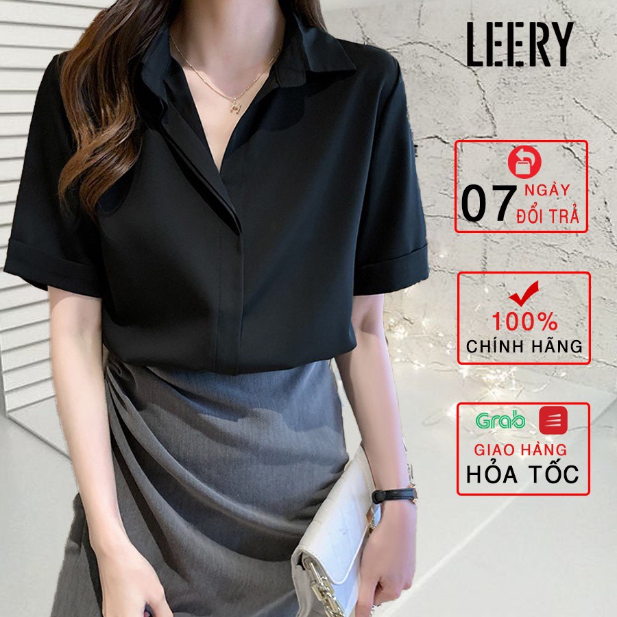 Áo sơ mi nữ đẹp tay ngắn công sở màu Đen Trắng Xanh Be kiểu Hàn Quốc form rộng chất lụa cao cấp LEERY SM-02 - HÀNG MỚI V