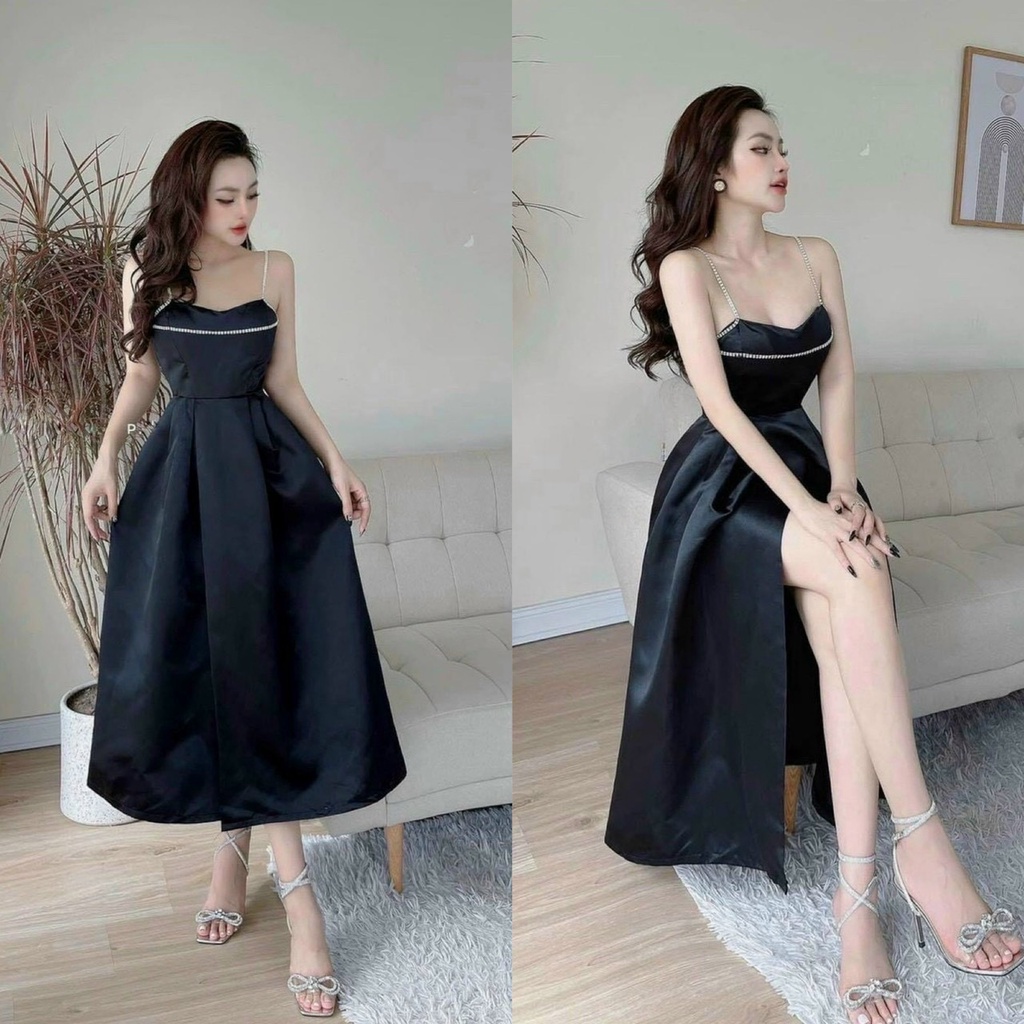 Đầm váy tapta phối 2 dây đính cườm giả đá xẻ tà ( mẫu có mút ngực ) thời trang nữ phù hợp mọi phong cách
