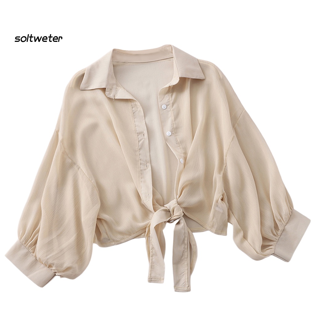 Áo Sơ Mi Mùa Hè Thắt Nút Màu Sắc Trơn Thoáng Khí Cho Nữ