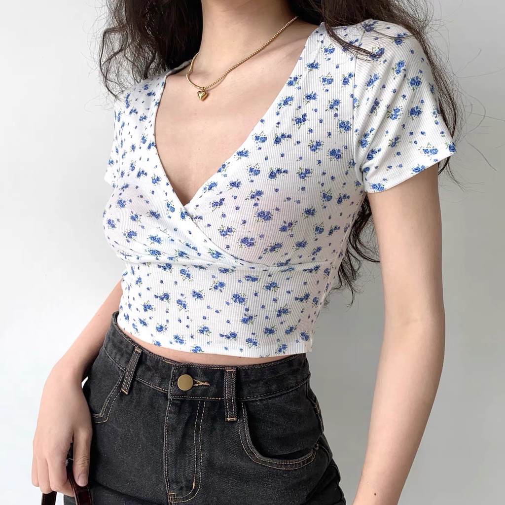 Áo Croptop Body Cổ V Tay Ngắn PINKSTORE29 In Họa Tiết Hoa Nhí Sexy A5162