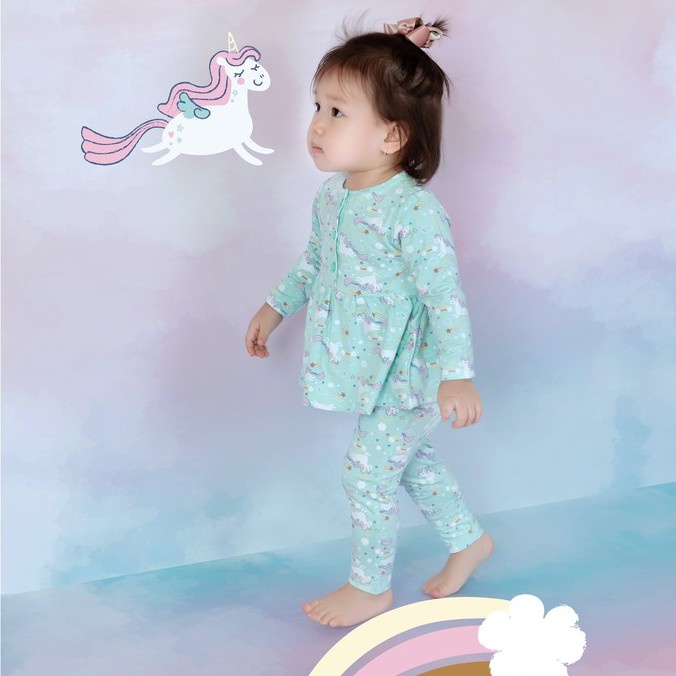 Bộ quần áo dài tay cho bé Babydoll pony - Thương hiệu Chaang - Màu xanh và cam