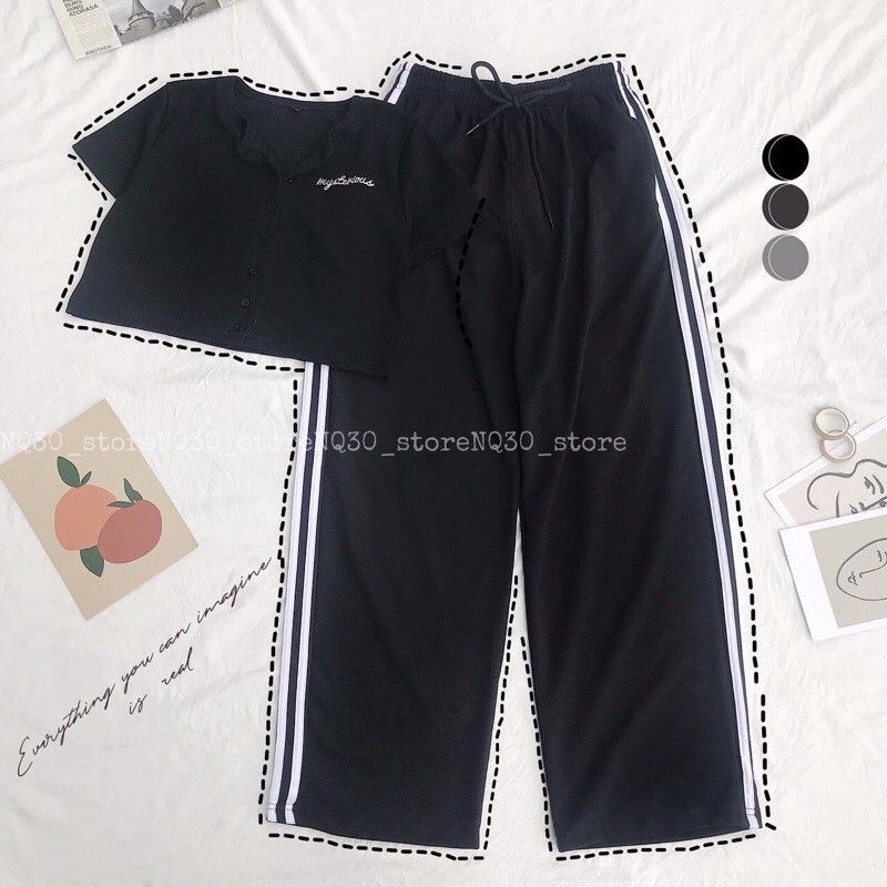 ☀️Set Bộ Quần Suông Sọc + Crop Nút Thêu