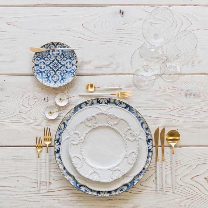 Đĩa phong cách Bắc Âu sang trọng, viền vàng, bát đĩa ăn tiệc cao cấp, đĩa salad, đĩa chính, đĩa họa tiết xanh tinh tế