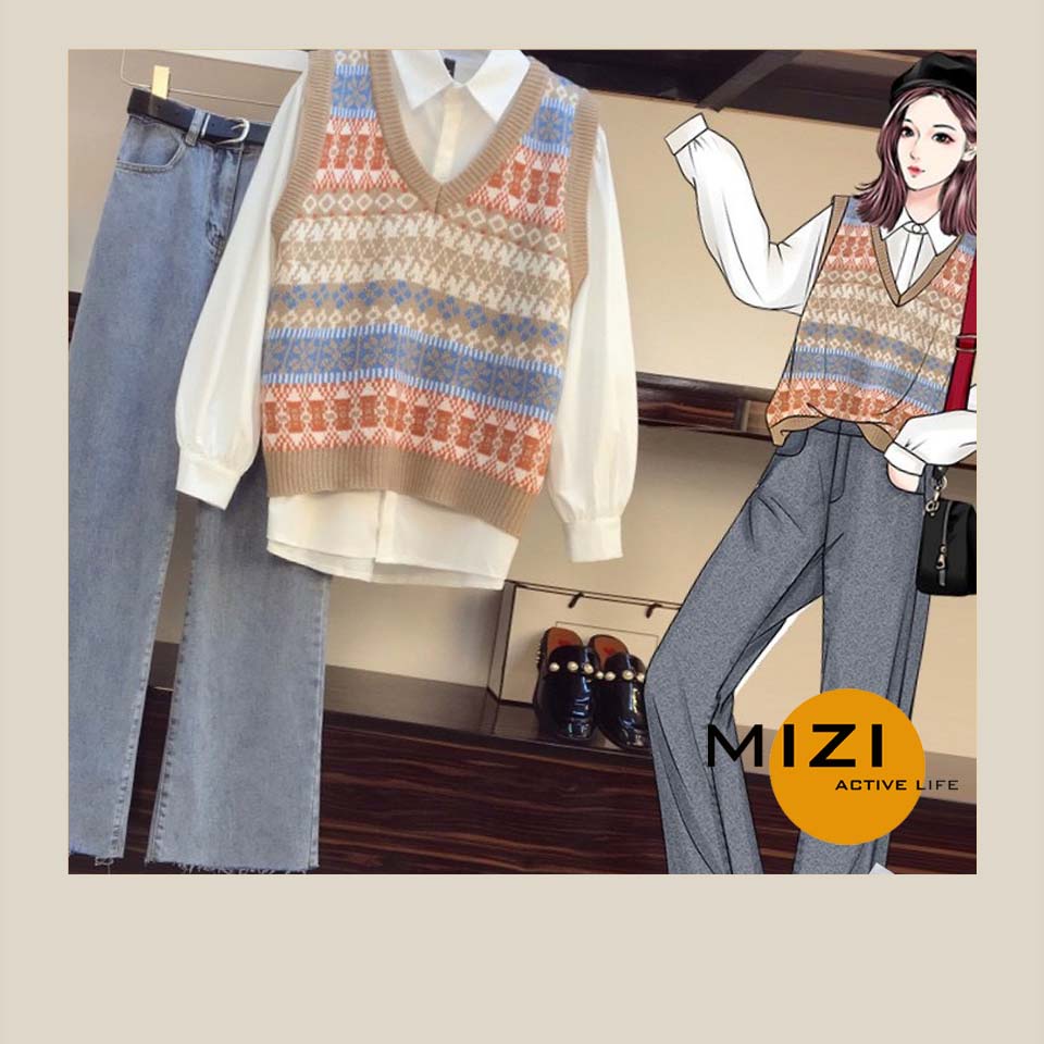 Áo len gile nữ hàn quốc form rộng cổ chữ v cao cấp thổ cẩm MIzi AN03 | BigBuy360 - bigbuy360.vn
