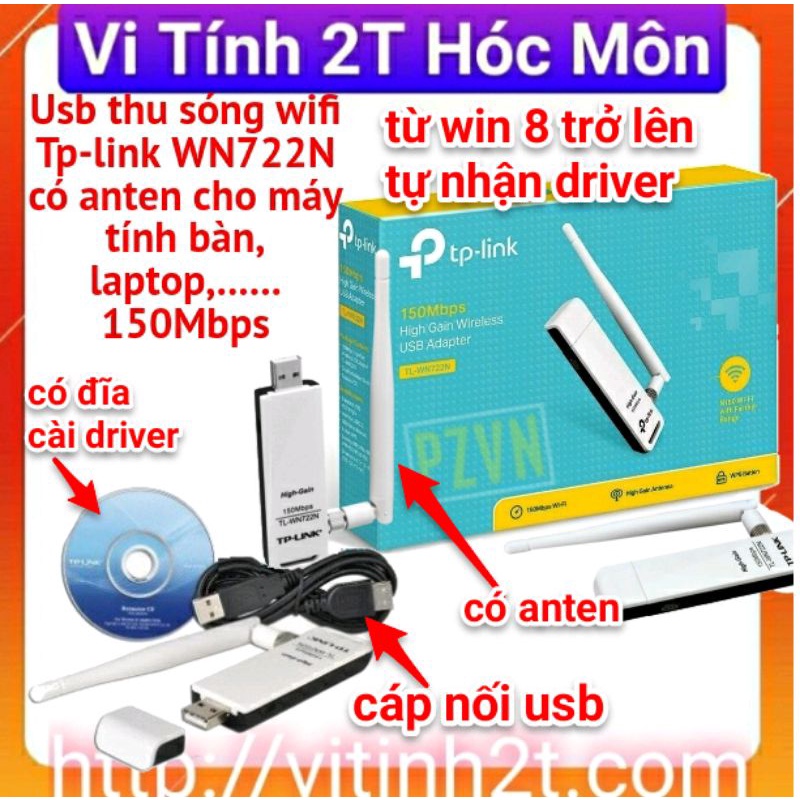 Usb thu sóng wifi Tp-link WN722N có anten cho máy tính bàn, laptop,...... 150Mbps