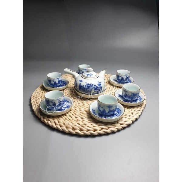 BỘ ẤM CHÉN BÁT TRÀNG MEN LAM TRÚC LÂM THẤT HIỀN QUAI NGANG 350ML