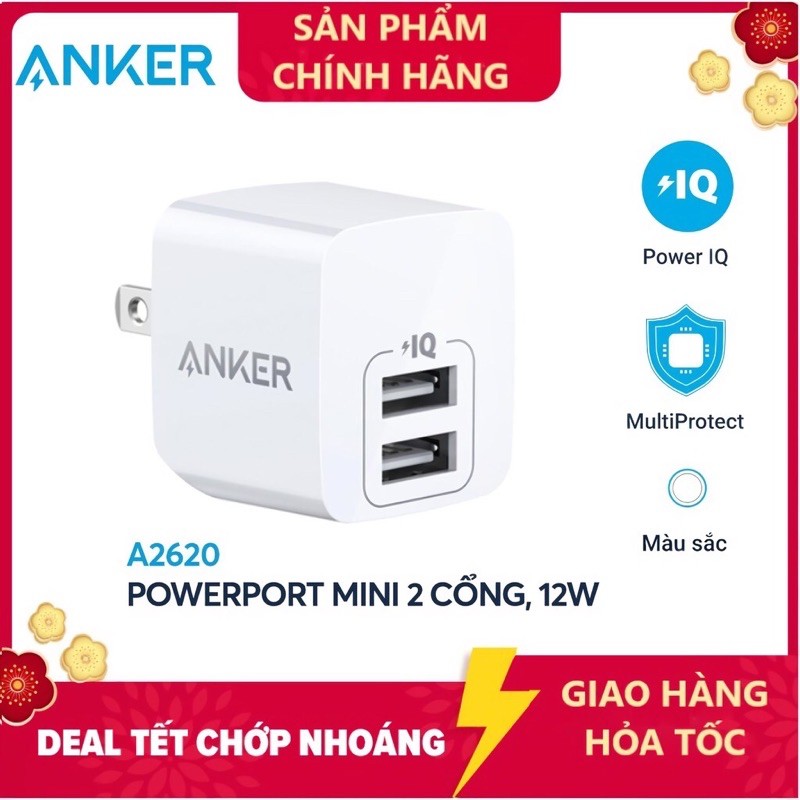 Adapter Củ sạc Anker 2 cổng powerport Mini 12W A2620 - Hàng chính hãng