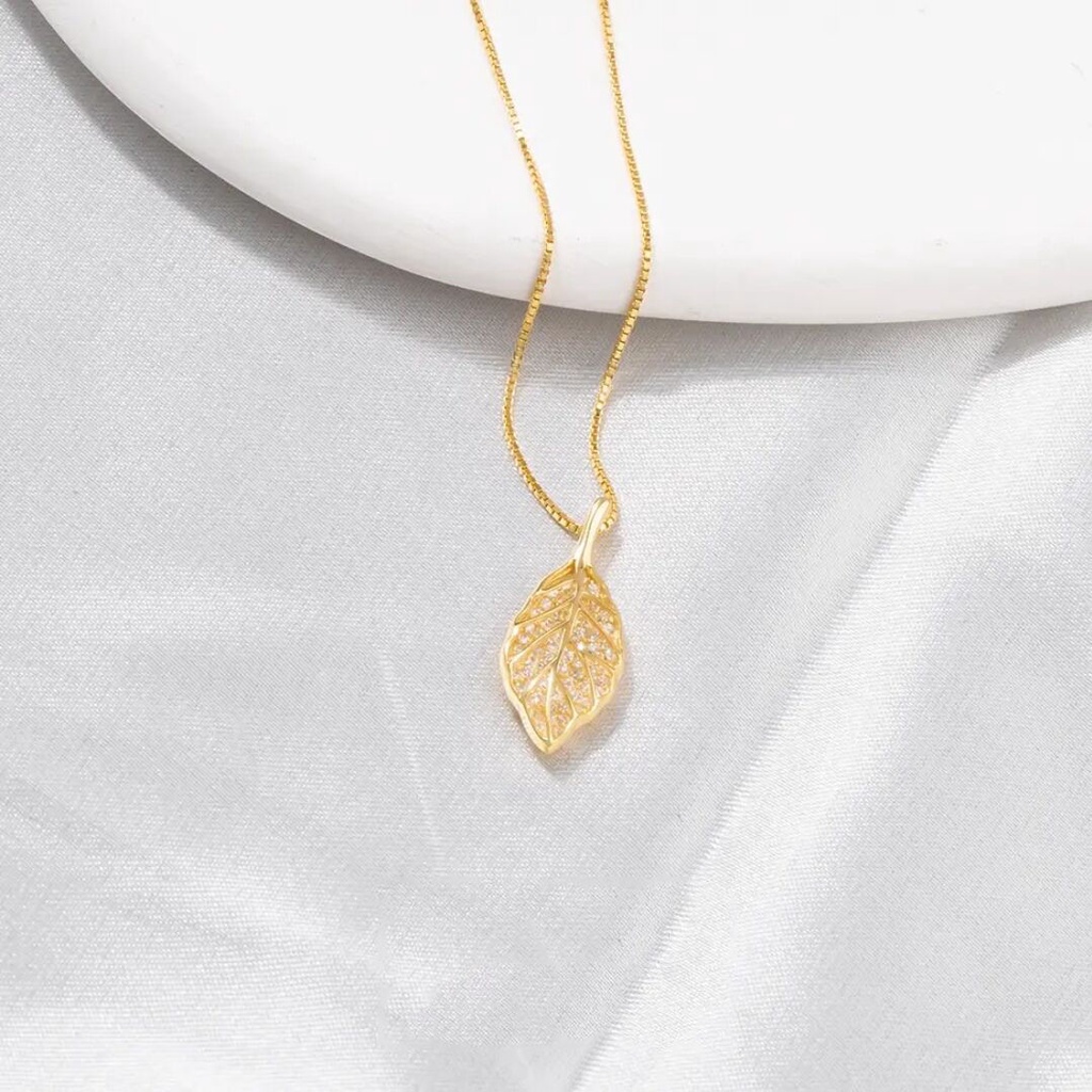 Vòng cổ Bạc 925 Mặt Cành Lá Đính Đá Quý Nhân Tạo Màu Vàng/Bạc