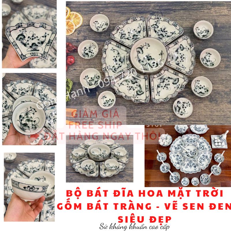 Set bát đĩa hoa mặt trời cánh lượn vẽ sen đen siêu đẹp, size 45 và 55cm - Gốm sứ Bát tràng.