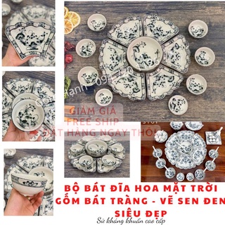 Set bát đĩa hoa mặt trời cánh lượn vẽ sen đen siêu đẹp, size 45 và 55cm - Gốm sứ Bát tràng.