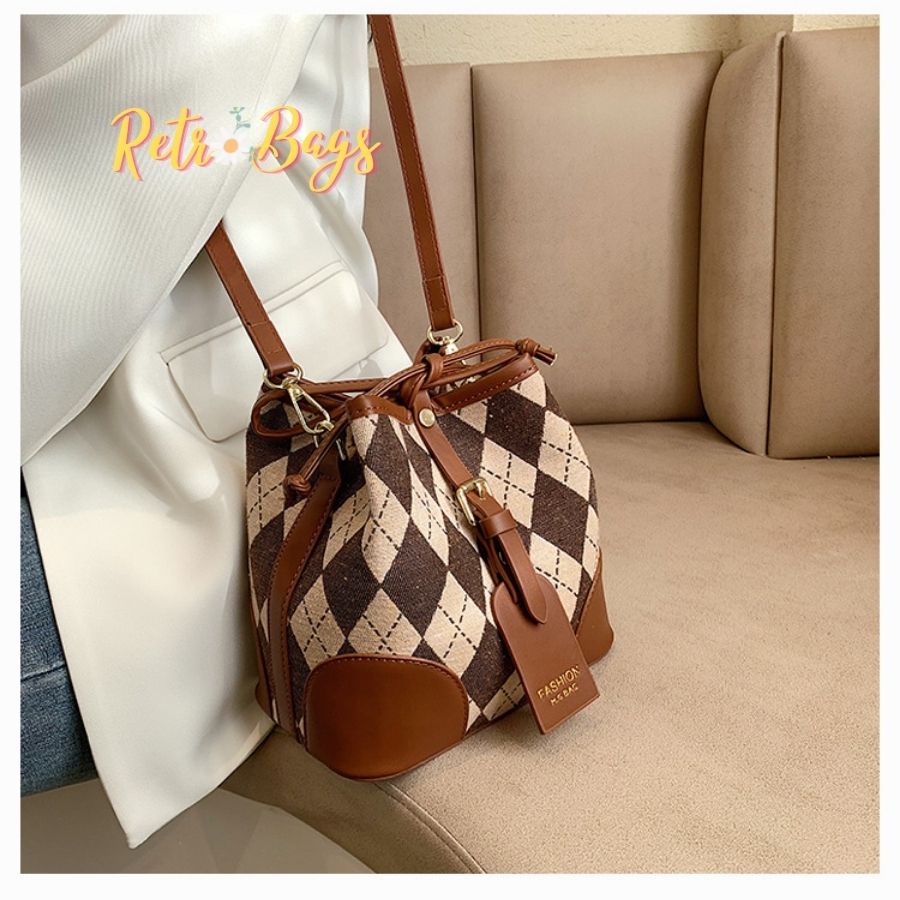 Túi xách nữ dạ kẻ đệm da dây rút vintage, túi đeo chéo phong cách đi làm đi chơi Retro Bags RT-VC035