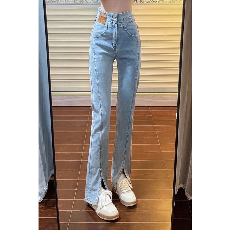 Porozi Quần jean  lưng cao ống rộng thời trang Hàn Quốc cá tính dành cho nữ