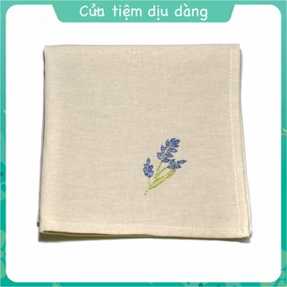 Khăn tay (Khăn mùi xoa) vải linen thêu thủ công - mẫu Oải Hương