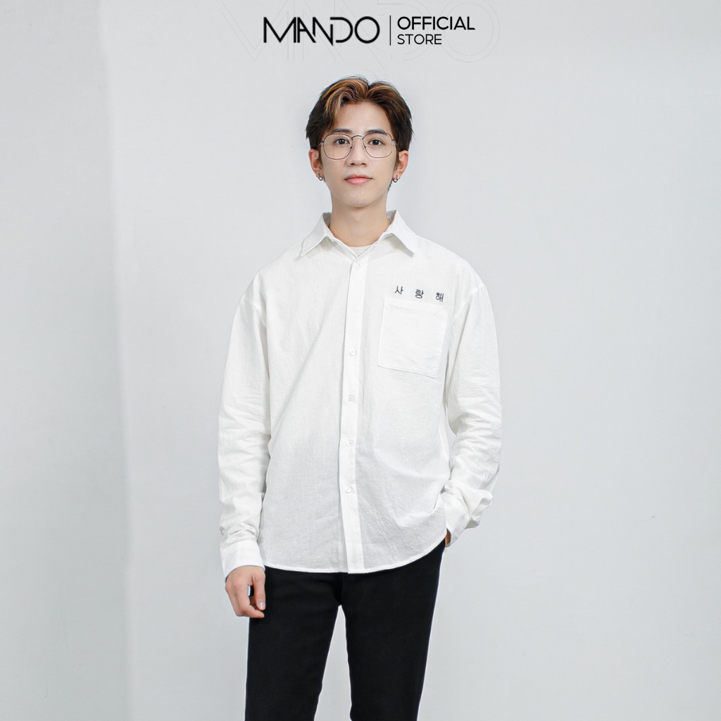 Áo Sơ Mi Nam MANDO Form Rộng Dài Tay Kiểu Dáng Hàn Quốc Basic Unisex Vải Đũi Họa Tiết Thêu Chữ Hàn Thời Trang ACB28