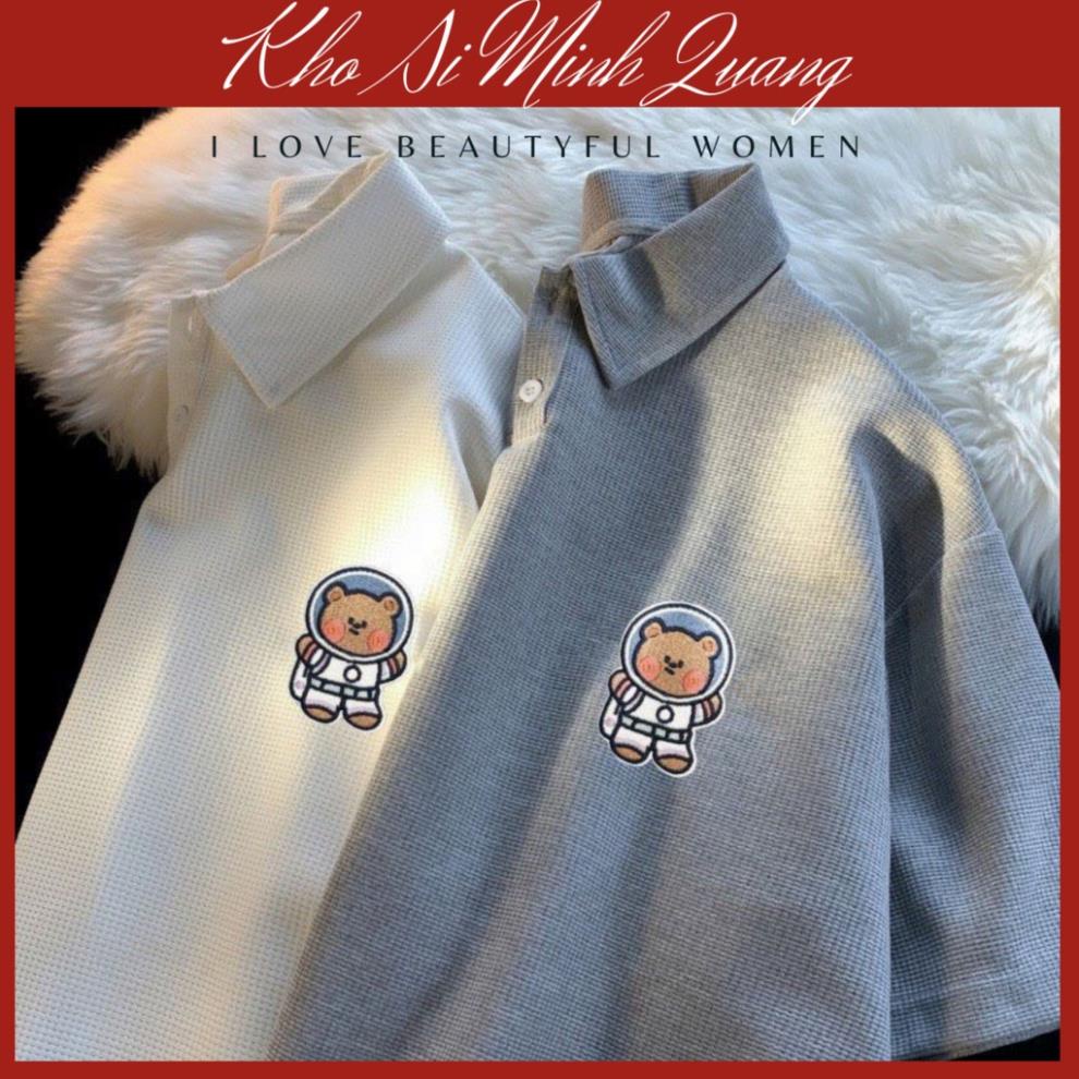 Áo Thun PoLo Unisex Chất Tổ Ong Hình Gấu Phi Hành Gia, Áo Phông Có Cổ Mặc Đôi Nam Nữ !