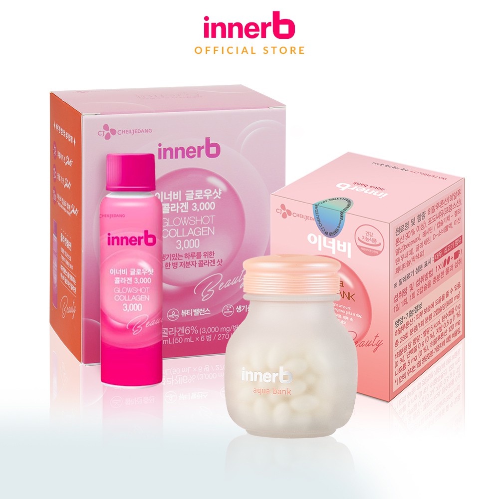 Bộ đôi giữ ẩm, sáng da InnerB Aqua Bank lọ 56 viên & hộp 6 chai nước uống Collagen Glowshot