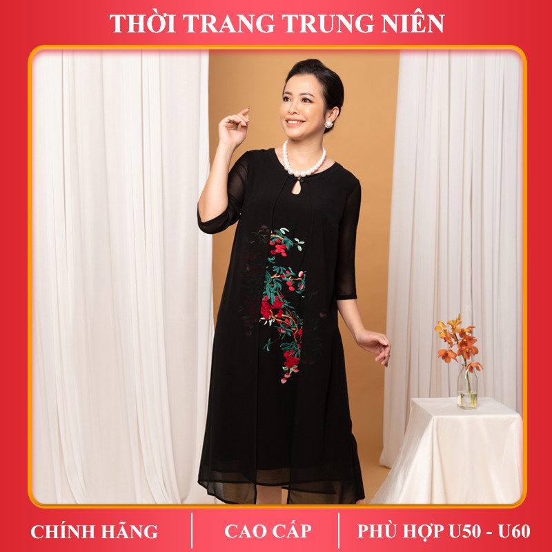 Đầm suông trung niên iDiva D14-05 chất liệu lụa thêu cao cấp, bigsize phù hợp u50 dự tiệc sang trọng