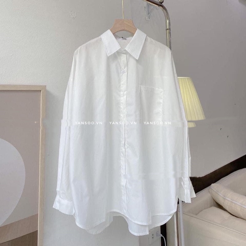 Áo somi from rộng màu trắng cổ đức tay dài đi học Quảng Châu , Som kiểu basic tay dài YANSOO