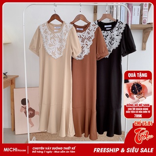Đầm thun cotton suông đuôi cá dáng dài cổ ren ngắn tay form xuông rộng freesize V186 Michi House