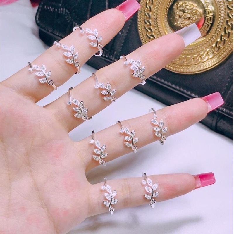 Nhẫn nữ bạc ta hình chiếc lá đính đá dạng hở dễ đeo - Kho sỉ bạc Nhất Linh