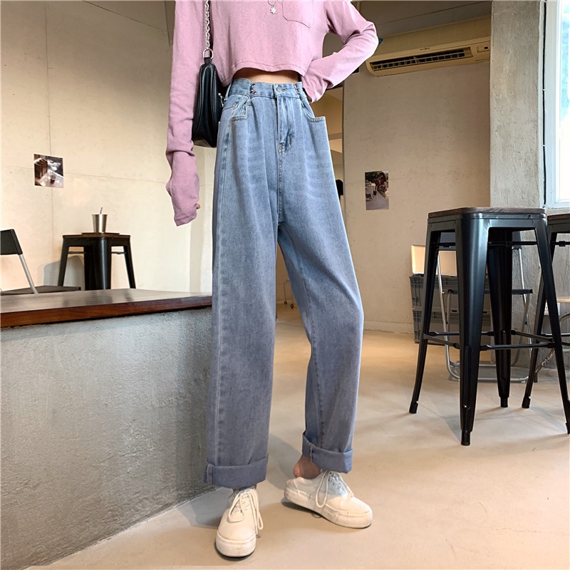 IELGY   Quần denim Dài Lưng Cao Dáng Rộng Màu Đen Phong Cách retro Đơn Giản Thời Trang Cho Nữ
