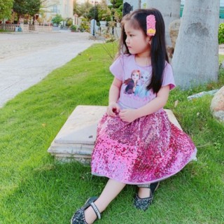 Váy Elsa Màu Xanh - Tím Hồng Đính Kim Sa Lấp Lánh Cho Bé Gái