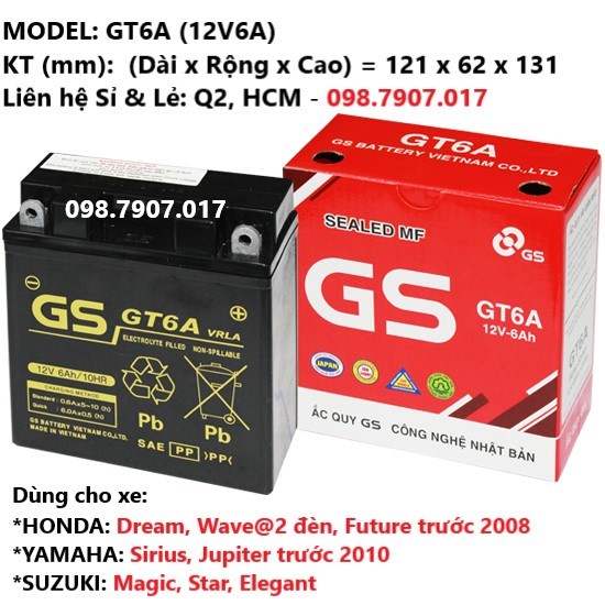 ẮC QUY GS cho xe VISION, WAVE, DREAM, SIRUS, AIR BLABE, WINER, EXITER, SH, ATILA, PIAGIO, CLICK, NOZZA, JUPITER, FUTURE