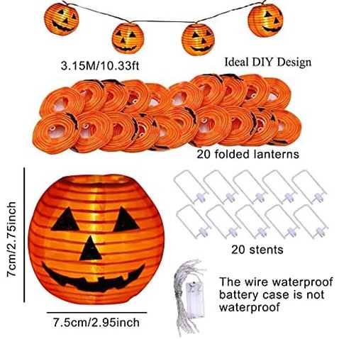 Dây đèn bí ngô bằng vải chạy pin 20 quả đường kính 7,5cm trang trí Halloween ánh sáng vàng