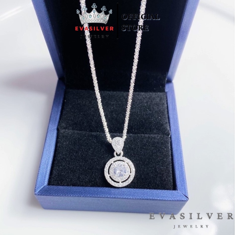 Dây chuyền bạc ý Evasilver mặt hình tròn gắn đá sang trọng nữ tính, Vòng cổ bạc S925 mẫu dây xù bền đẹp sáng bóng