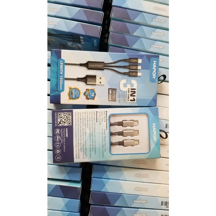 Cáp chống đứt 3 In 1 hỗ trợ sạc nhanh thương hiệu HAPOR Hai Đầu Bọc Kẽm, bền bỉ - Chiều dài 1M