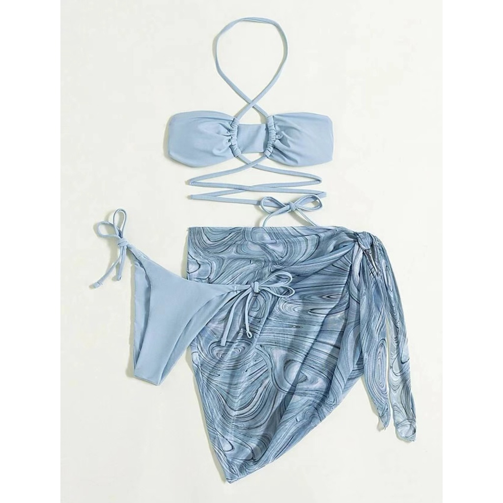 Bộ Đồ Tắm Bikini 3 Món Phối Lưới Co Giãn Hở Lưng Quyến Rũ Cho Nữ H425