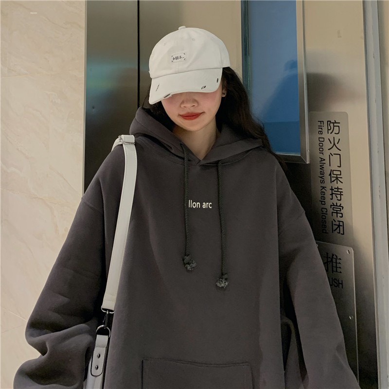 Áo Hoodie Nỉ Chữ Ngực Nhỏ ellon arc Form Rộng Tay Phồng, Áo Hoodie Màu Đen Unisex