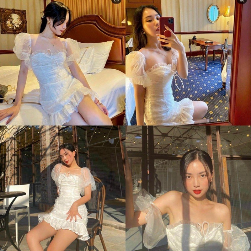 Đầm Trắng CHIC DRESS thiết kế tiểu thư búp tay bồng chất liệu vải hoa cotton & voan kiếng tone trắng nhẹ nhàng | BigBuy360 - bigbuy360.vn